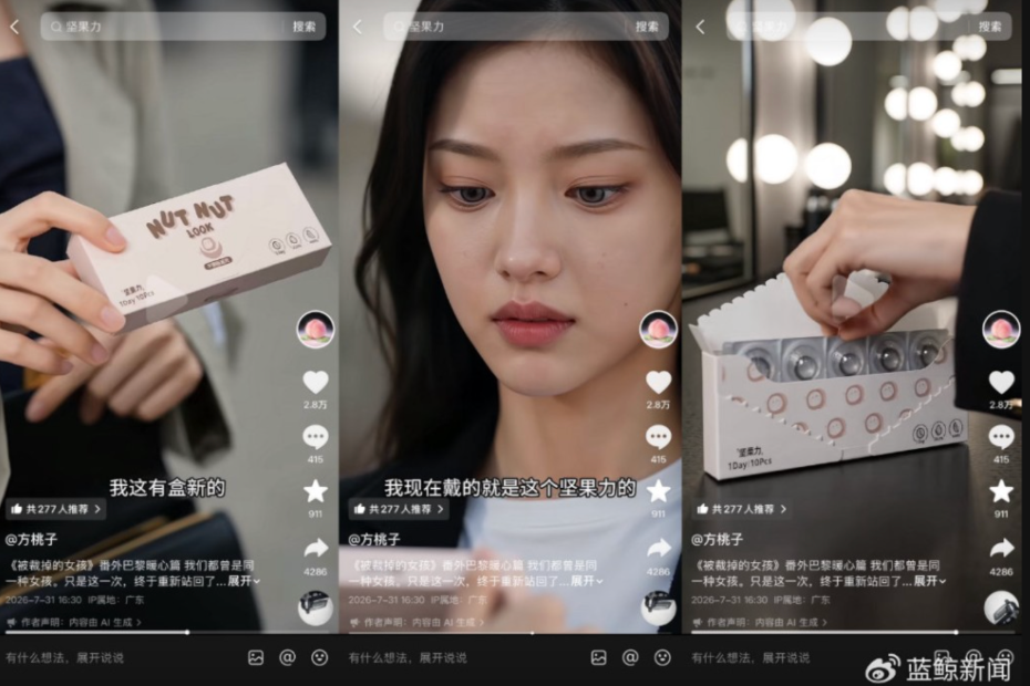 Fang Taozi is shown unboxing and testing her NUT NUT Look contact lenses. SOURCE: Singtao Headlines (星島頭條)